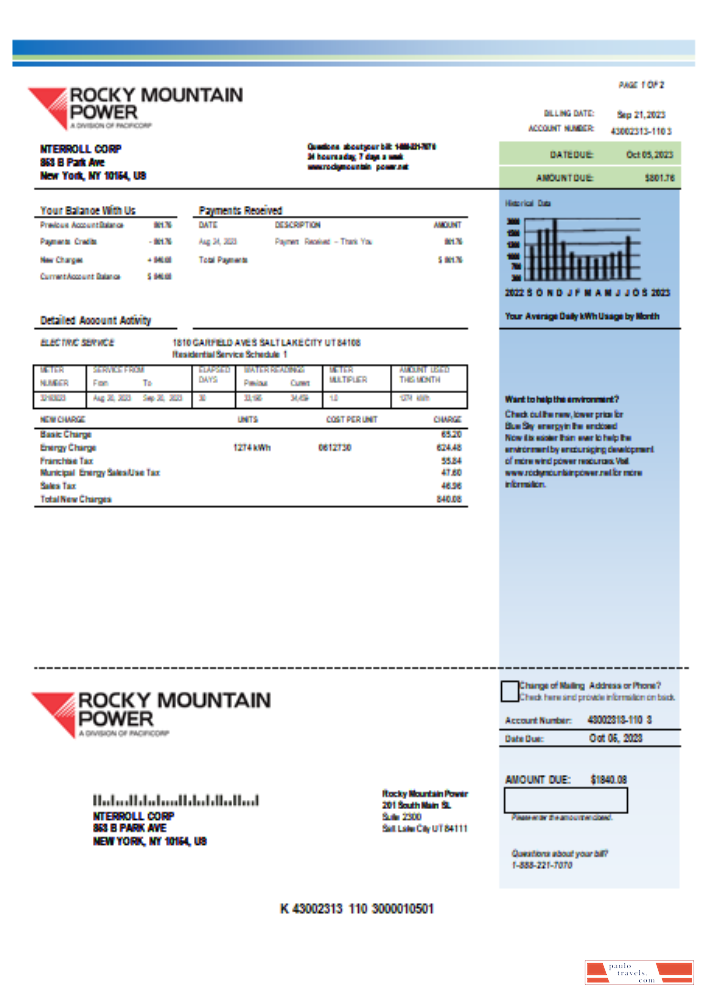 Rocky Mountain Power electricity utility business bill, SCR PSD template